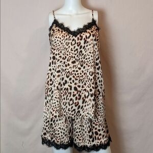 Cheryl Co Leopard Print Lace Trim Satin Pajamas Set size XL
